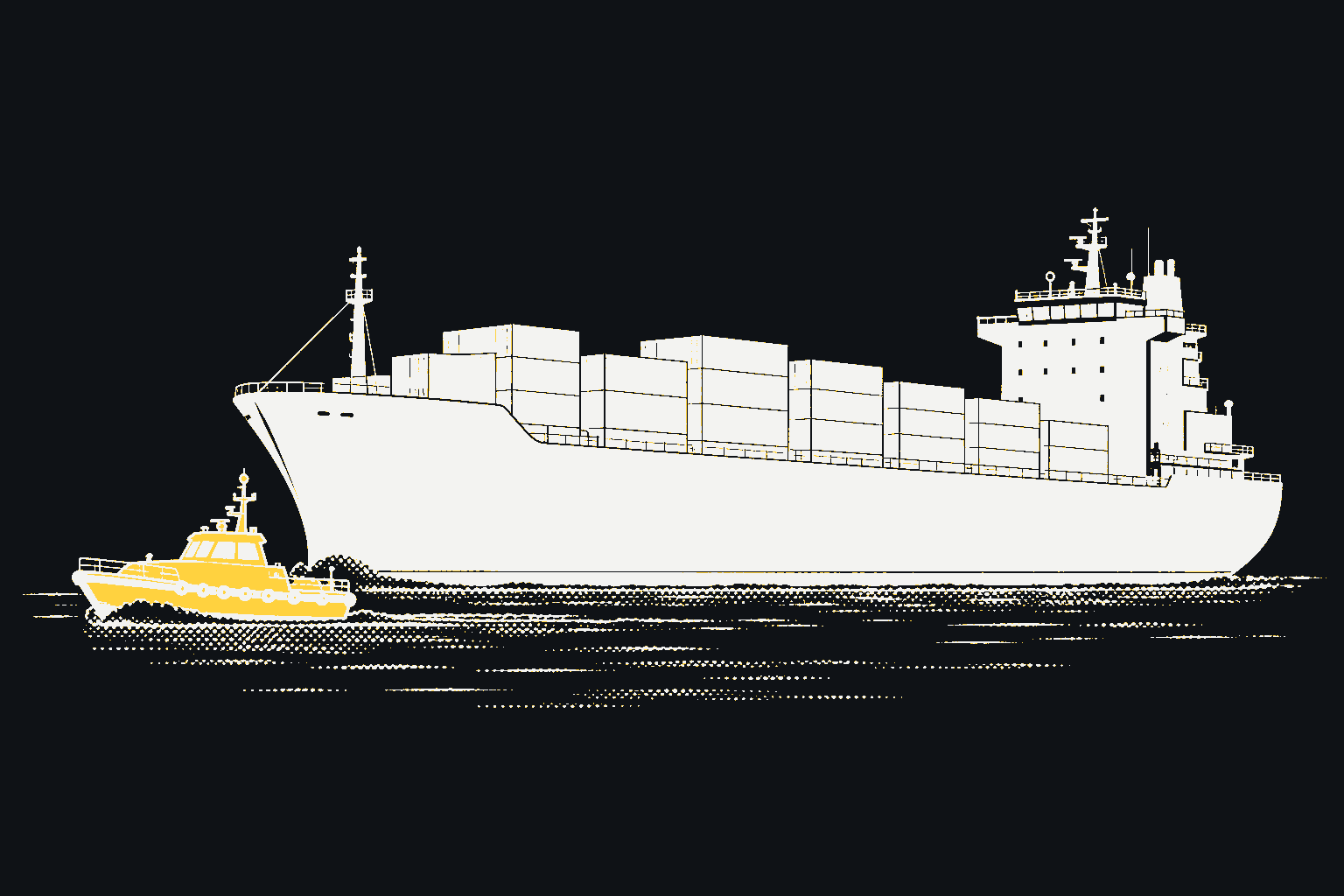 A small yellow pilot boat leading a large dark cargo ship across calm water.