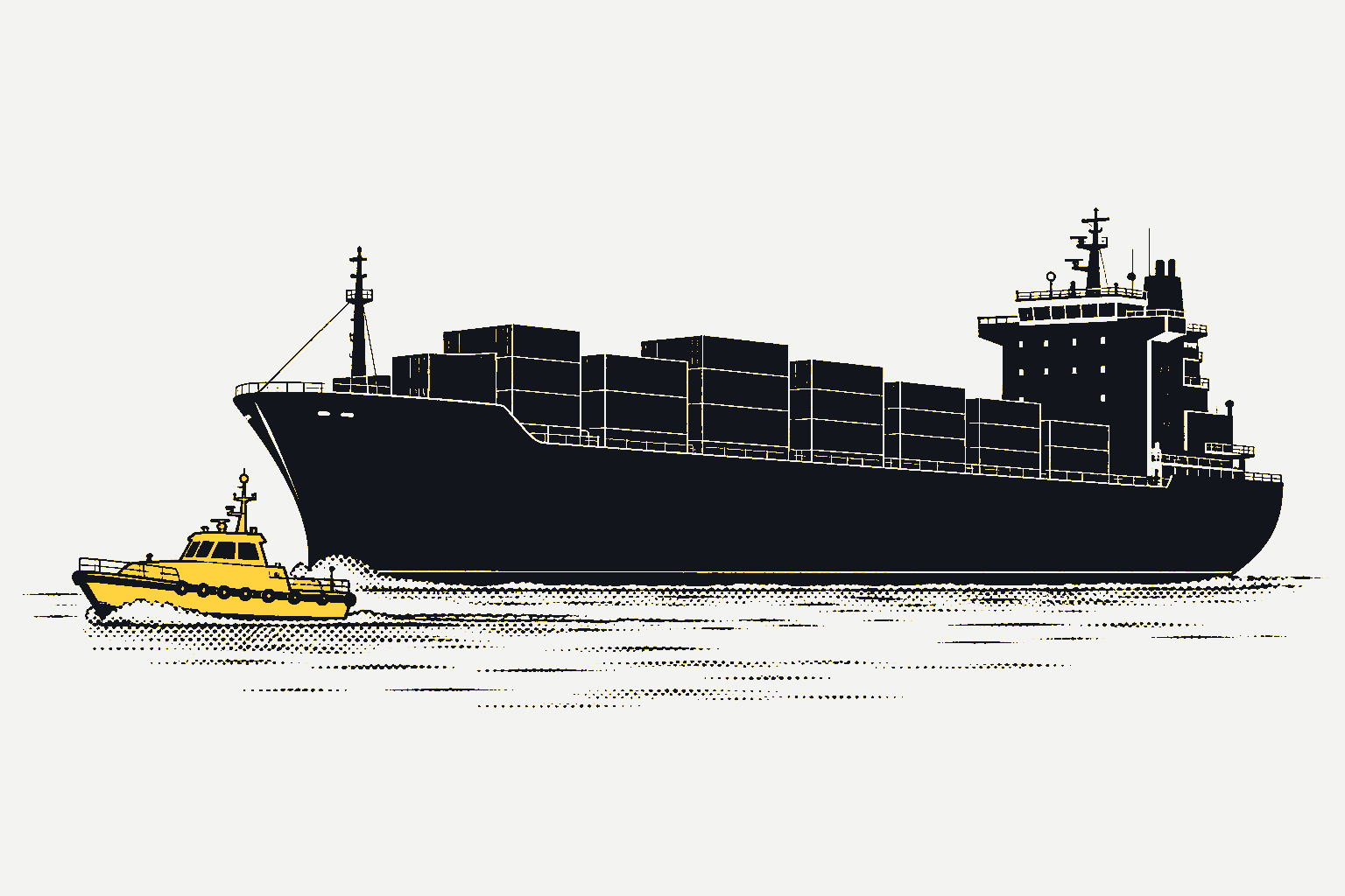 A small yellow pilot boat leading a large dark cargo ship across calm water.